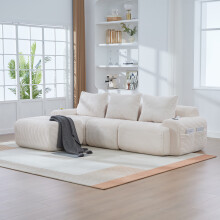 (Beige) Roomfitters 268cm Modular 3 Seater Sofa with Ottomans Corduroy Couch Cup Holder Side Pocket Deep Foam Seat Living Room Furniture