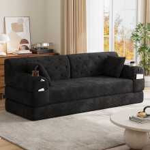 (Black) Roomfitters 208cm 3 Seater Sofa Bed Corduroy Folding Sleeper Couch High Back 2 Cup Holders 4 Pockets Metal Frame Living Furniture