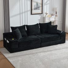 (Black) Roomfitters 273cm 4 Seater Sofa Bed Corduroy Folding Sleeper Couch High Back 2 Cup Holders 2 Pockets Living Lounge Furniture Set