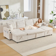 (Beige) Roomfitters 272cm 4 Seater Sofa Bed Dual Chaise Pull Out Sleeper USB-C Cup Holders Hidden Storage Couch Living Furniture Base