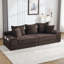 (Coffee) Roomfitters 273cm 4 Seater Sofa Bed Corduroy Folding Sleeper Couch High Back 2 Cup Holders 2 Pockets Living Lounge Furniture Set