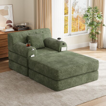 (Green) Roomfitters 107cm Sleeper Chair with Ottoman Corduroy Folding Sofa Bed High Back 2 Cup Holders 4 Pockets Metal Frame Furniture