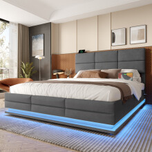 (Double) Roomfitters Ottoman Bed Gas Lift Frame Adjustable Headboard USB Type-C Dimmable LED Ambient Light Storage, Dark Grey