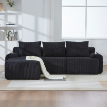 (Black) Roomfitters 268cm Modular 3 Seater Sofa with Ottomans Corduroy Couch Cup Holder Side Pocket Deep Foam Seat Living Room Furniture