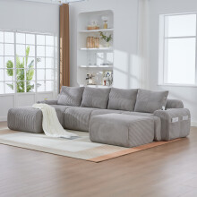 (Light Gray) Roomfitters 333cm Modular 4 Seater Sofa with 2 Ottomans Corduroy Couch Cup Holder Side Pocket Deep Foam Seat Living Furniture