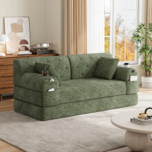 (Green) Roomfitters 168cm 2 Seater Sofa Bed Corduroy Folding Sleeper Couch High Back 2 Cup Holders 4 Pockets Metal Frame Living Furniture