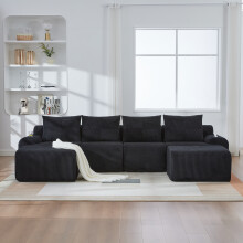 (Black) Roomfitters 333cm Modular 4 Seater Sofa with 2 Ottomans Corduroy Couch Cup Holder Side Pocket Deep Foam Seat Living Furniture