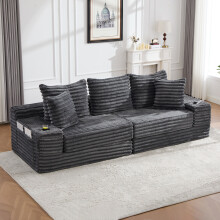 (Dark Gray) Roomfitters 273cm 4 Seater Sofa Bed Corduroy Folding Sleeper Couch High Back 2 Cup Holders 2 Pockets Living Lounge Furniture Set