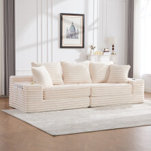 (Beige) Roomfitters 273cm 4 Seater Sofa Bed Corduroy Folding Sleeper Couch High Back 2 Cup Holders 2 Pockets Living Lounge Furniture Set