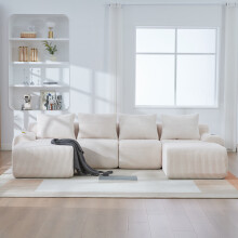 (Beige) Roomfitters 333cm Modular 4 Seater Sofa with 2 Ottomans Corduroy Couch Cup Holder Side Pocket Deep Foam Seat Living Furniture