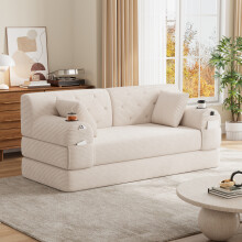 (Beige) Roomfitters 168cm 2 Seater Sofa Bed Corduroy Folding Sleeper Couch High Back 2 Cup Holders 4 Pockets Metal Frame Living Furniture