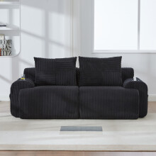(Black) Roomfitters 200cm 2 Seater Sofa Modular Corduroy Couch Settee Cup Holder Side Pocket Deep Foam Seat Living Room Lounge Furniture