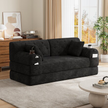 (Black) Roomfitters 168cm 2 Seater Sofa Bed Corduroy Folding Sleeper Couch High Back 2 Cup Holders 4 Pockets Metal Frame Living Furniture