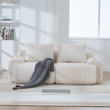 (Beige) Roomfitters 200cm 2 Seater Sofa Modular Corduroy Couch Settee Cup Holder Side Pocket Deep Foam Seat Living Room Lounge Furniture