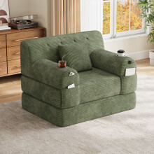 (Green) Roomfitters 107cm 1 Seater Sofa Bed Corduroy Folding Sleeper Armchair High Back 2 Cup Holders 4 Pockets Metal Frame Lounge Furniture
