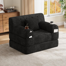 (Black) Roomfitters 107cm 1 Seater Sofa Bed Corduroy Folding Sleeper Armchair High Back 2 Cup Holders 4 Pockets Metal Frame Lounge Furniture