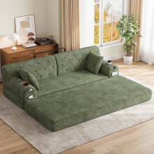 (Green) Roomfitters 208cm 3 Seater Sofa Bed Corduroy Folding Sleeper Couch High Back 2 Cup Holders 4 Pockets Metal Frame Living Furniture