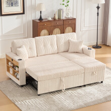 (Beige) Roomfitters 196cm 3 Seater Sofa Bed Corduroy Pull Out Sleeper USB-C LED Lights Storage Cup Holders Living Room Guest Couch Furniture