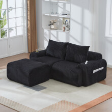 (Black) Roomfitters 200cm Modular 2 Seater Sofa with Ottomans Corduroy Couch Cup Holder Side Pocket Deep Foam Seat Living Room Furniture