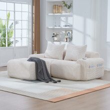 (Beige) Roomfitters 200cm Modular 2 Seater Sofa with Ottomans Corduroy Couch Cup Holder Side Pocket Deep Foam Seat Living Room Furniture