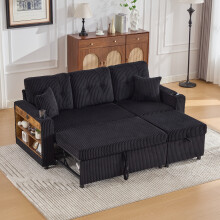 (Black) Roomfitters 196cm 3 Seater Sofa Bed Corduroy Pull Out Sleeper USB-C LED Lights Storage Cup Holders Living Room Guest Couch Furniture
