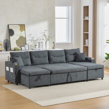 (Dark Gray) Roomfitters 272cm 4 Seater Sofa Bed Dual Chaise Pull Out Sleeper USB-C Cup Holders Hidden Storage Couch Living Furniture Base