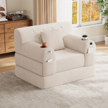 (Beige) Roomfitters 107cm 1 Seater Sofa Bed Corduroy Folding Sleeper Armchair High Back 2 Cup Holders 4 Pockets Metal Frame Lounge Furniture