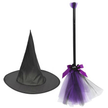 Set di scopa e cappello di Halloween, manico di scopa in garza, accessori per cosplay per adulti, 60x12 cm, 1 set