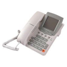 Teléfono fijo de sobremesa compatible con DTMF/FSK, dos líneas, pantalla LCD blanca.