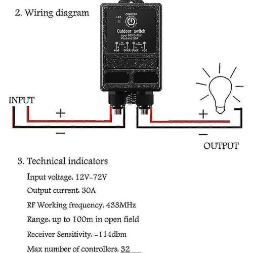 RF Wireless Remote Switch with 328ft Long Harness, DC 12V/24V/48V/72V 40A Relay 1