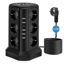 Regleta de alimentación tipo torre, 12 enchufes, 5 puertos USB (2500 W/10 A), cable de 5 m, 2 pares, color negro.