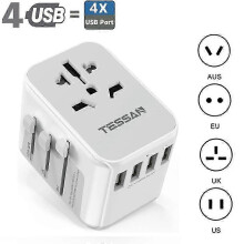 Adaptador de viaje universal TESSAN con puertos USB y tipo C, color gris, y 4 puertos USB-A.