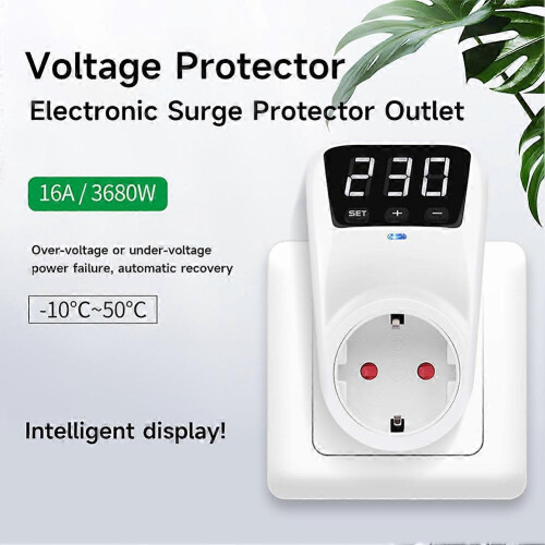 Overvoltage Protection Switch 16A 230V Adjustable Surge Protection, EU Socket, Voltage Safe White 1