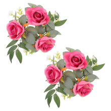 Couronne de roses, bougeoir pour bougie chauffe-plat, composition florale, couleurs assorties, style réaliste, lot de 2