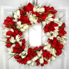 Couronne de tulipes 40 cm 2025 - Branche de tulipes printanières en soie - Décoration murale pour porte d'entrée, fête ou jour férié