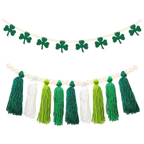Pendentif en perles de bois en forme de trèfle vert avec pompons (1 lot)