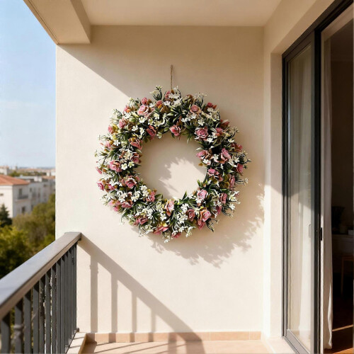 Artificial Rose Camellia Wreath - Handmade Realistic - for Door Wall Fireplace 1