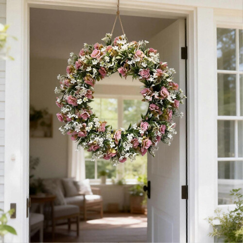 Artificial Rose Camellia Wreath - Handmade Realistic - for Door Wall Fireplace 2