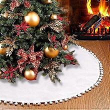 Plain White Christmas Tree Skirt, 30 inches Small Double Layer Burlap Tree Skirt Pom Pom Rustic