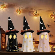 Set of 3 Ceramic Ghosts with Witch Hats Spooky Indoor Halloween Decor for Mantel Shelf & Tabletop