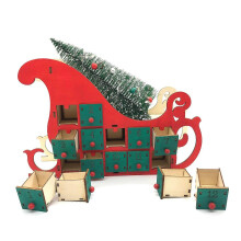 Weihnachtsbaum-Adventskalender aus Holz mit Schlittenmotiv, 24 Schubladen, LED-Beleuchtung, mehrfarbig