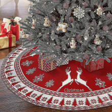Large Christmas Tree Skirt 48 Inch Red With Snowflake And Reindeer Thick Knitted Double-sided Xmas
