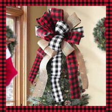 Red and Black Buffalo Plaid Burlap Bow for Christmas Tree Topper Decoration