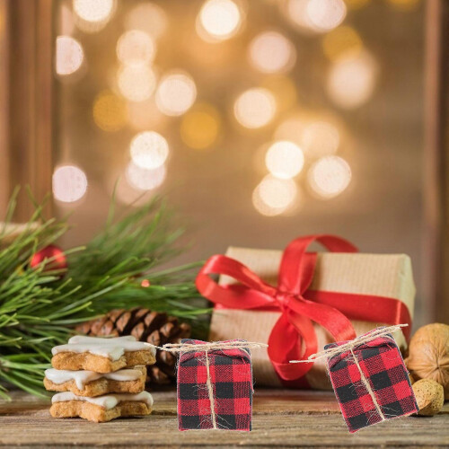 Red Black Plaid Fabric Hanging Christmas Tree Small Gift Boxes for Decoration 12Pcs 2