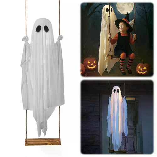 Hanging Swing Ghost Thicken Spooky Ghost Ornament Battery Powered White Ghost Swing Porch Yard Trees 2