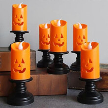 6PCS Orange Flameless Pumpkin Candle Lights Halloween Party Table Centerpiece Decor