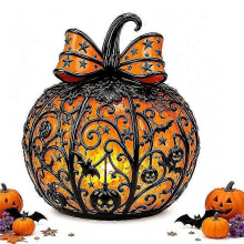 Halloween pumpkin lamp, 15 cm hollow pumpkin lamp resin ribbon glowing table lamp mant 1pcs