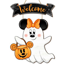 Halloween Mouse Ghost Hanging Sign - Welcome Front Door Wooden Ornament Pumpkin, Spooky - Home