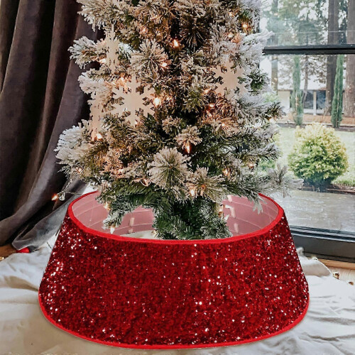Holiday Sequin Christmas Tree Collar, Tree Base Cover, Polyester Fiber Skirt, Foldable Tree Ring 1