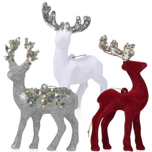 Reindeer Christmas Decoration Flocking Deer Ornaments 3Pcs for Decor